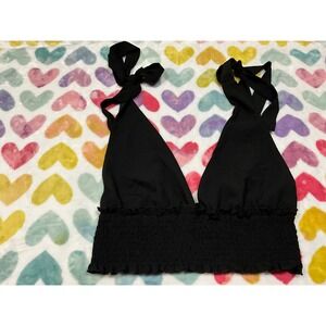 Black Halter Top‎ Smocked Cropped Sleeveless Tie Neck Blouse Casual Tank